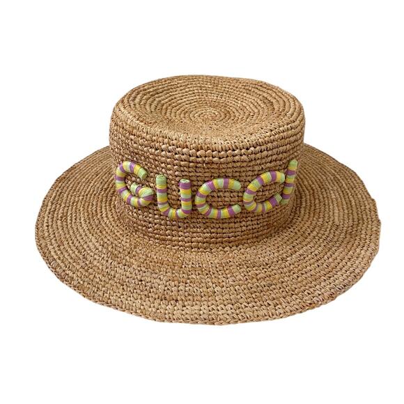 Gucci Logo Straw Raffia Multicolor Patch Hat Medium 57 Womens - Picture 2 of 10